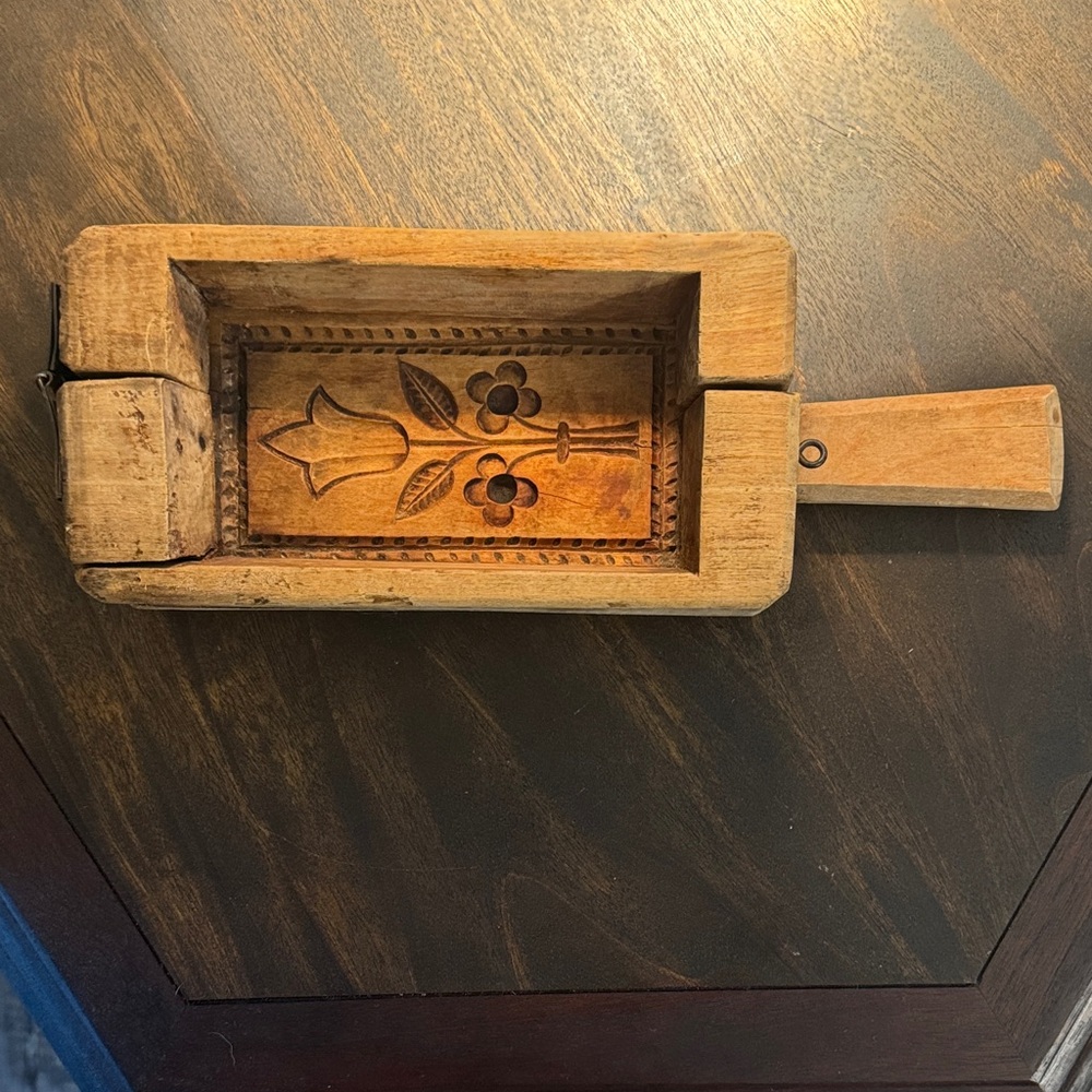 Vintage Wooden Butter Mold with Floral Design